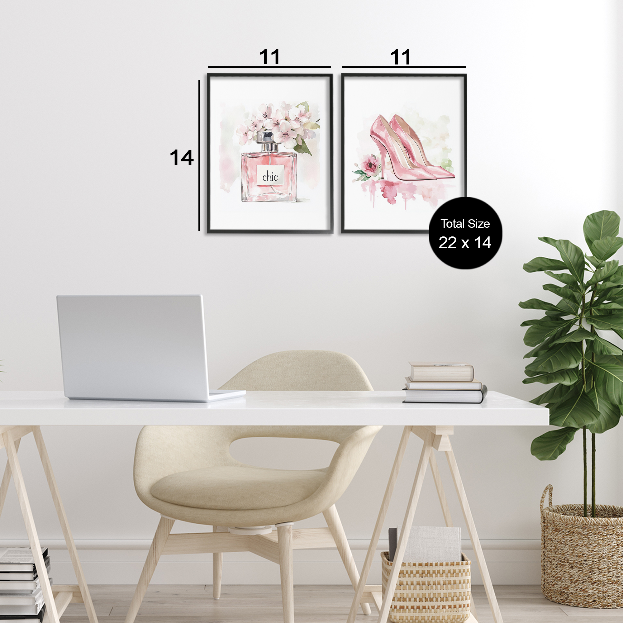 Rosy Pastel Perfume & Heels 2 Piece Black Framed Giclee Art Set, design by Christine Simpson Art