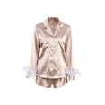thumbnail image 1 of Txlixc - Pijama de 2 uds para mujer, blusa con puños de plumas de manga larga lisa/de retazos, pantalones cortos, ropa suelta para dormir/ropa para el hogar Txlixc Estilo de ocio, 1 of 3