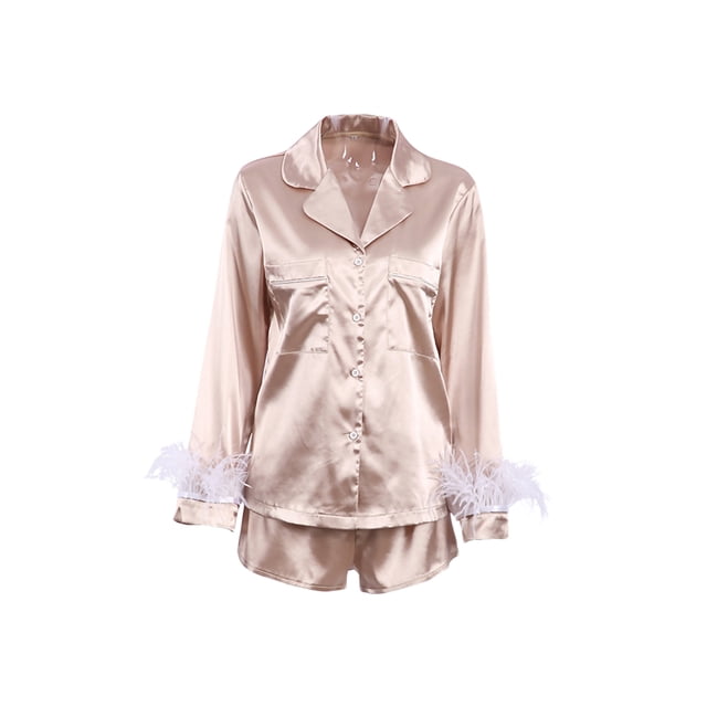 Txlixc - Pijama de 2 uds para mujer, blusa con puños de plumas de manga larga lisa/de retazos, pantalones cortos, ropa suelta para dormir/ropa para el hogar Txlixc Estilo de ocio