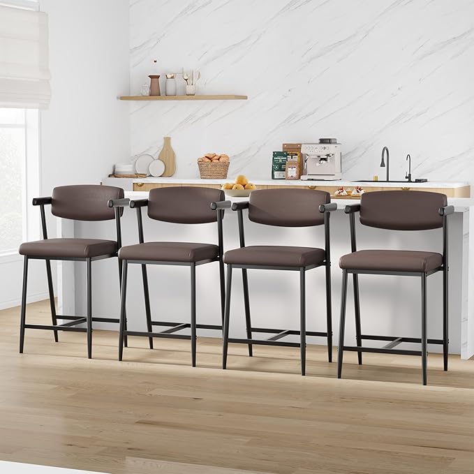 26 Inch Counter Height Bar Stools Set of 4, Modern Faux Leather High Barstools with Back and Metal Leg, Bar Chairs for Kitchen lsland, Brown