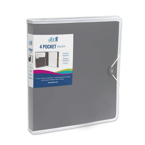 DocIt 4 Pocket Binder, Grey Multi Pocket Folder and 1inch 3 Ring