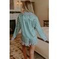 thumbnail image 3 of Women's Green Stripe Ruffled Pajama Short Set with Long Sleeve Shirt – Cozy Home Style, XL, 3 of 6