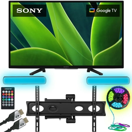 Sony KD32W830K 32-inch W830K HD LED HDR TV with Google TV Bundle with Monster TV Full Motion Wall Mount for 32"-70" with 6 Piece Sound Reactive Lighting Kit