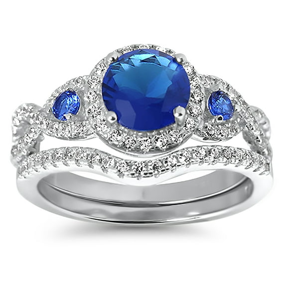 LaRaso & Co Sterling Silver 1 Carat Blue Sapphire CZ Wedding Engagement Ring Set for Women 7