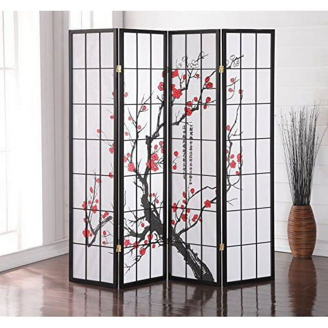 Roundhill Furniture Black Japanese 4-Panel Screen Room Divider with a plum blossom design. The divider features a lightweight yet stable black hardwood frame and white rice paper panels adorned with a red and black plum branch print. Each panel measures approximately 17 inches wide by 71 inches high, with the overall dimensions being 71 inches wide by 71 inches high when fully opened. Ideal for creating privacy or dividing spaces in a home, it folds flat for easy storage.