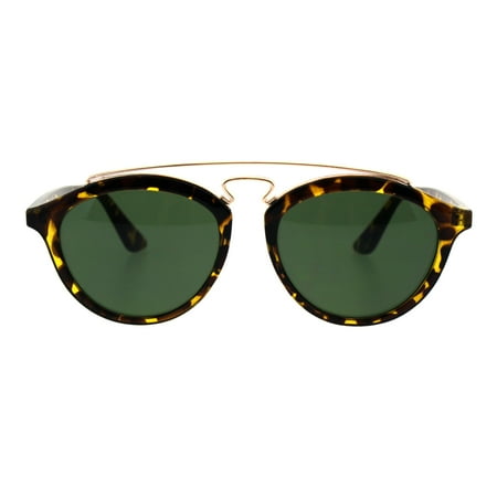 - Retro Keyhole Flat Top Double Metal Bridge Round Horn Sunglasses Yellow Tortoise Green