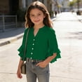 thumbnail image 3 of PiGOGI Girls Ruffle 3/4 Sleeve V-Neck Button Down Top Solid Color Soft Casual Blouse for Kids Green 11Years, 3 of 8