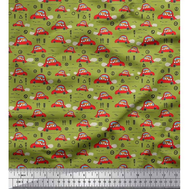 Soimoi Cotton Jersey Fabric Car & Owl Cartoon Printed Craft Fabric by The Yard 58 Inch Wide