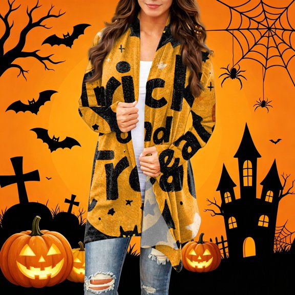 Playzo Women's Cardigan Mid-Length Open-Front V-Neck Long Sleeve Loose Fit Casual Lightweight Outerwear with Halloween Print for Spring Fall Holiday Parties and Family Gatherings Yellow_#10171