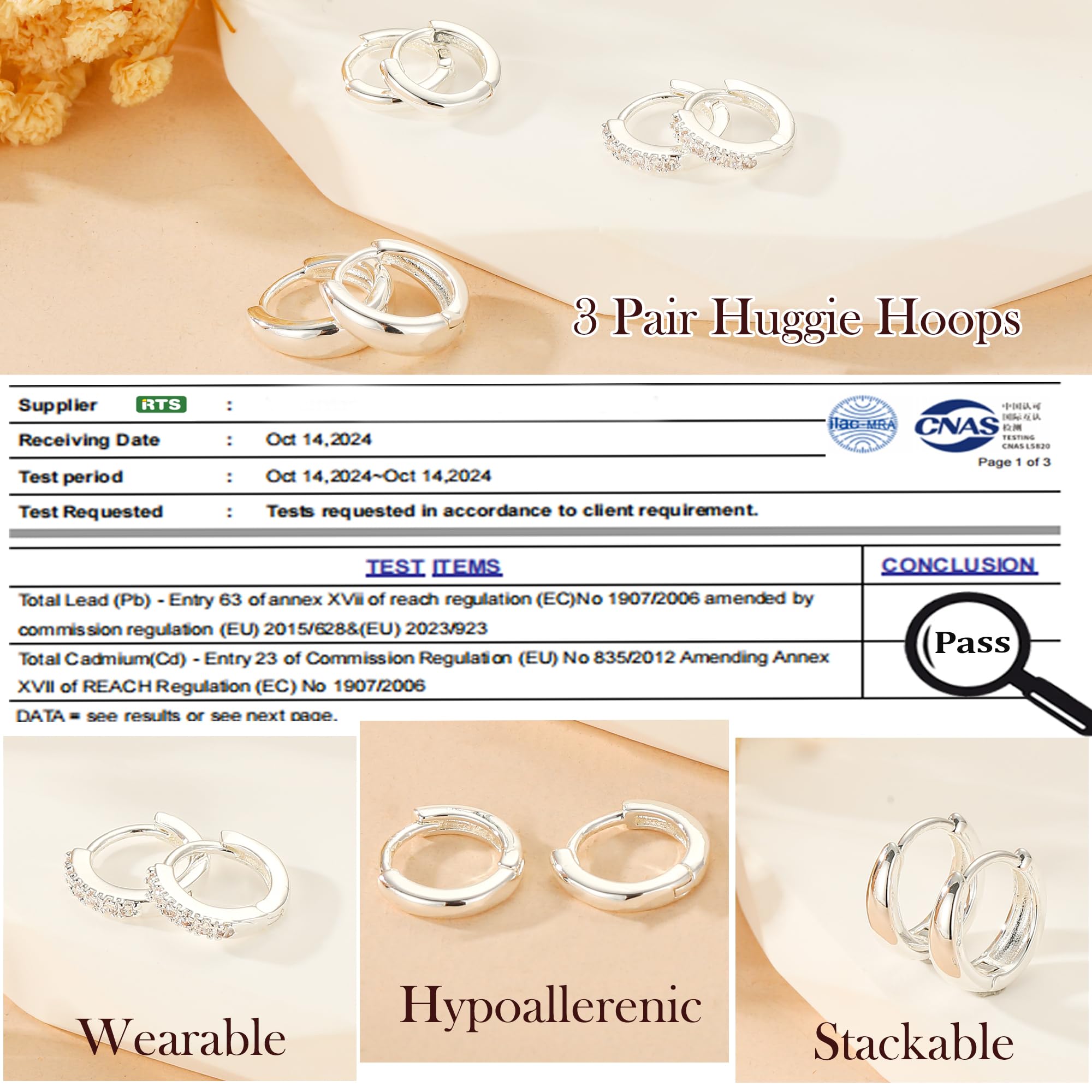 Lunvky 3-Pair Cubic Zirconia Huggie Hoop Earrings photo 3