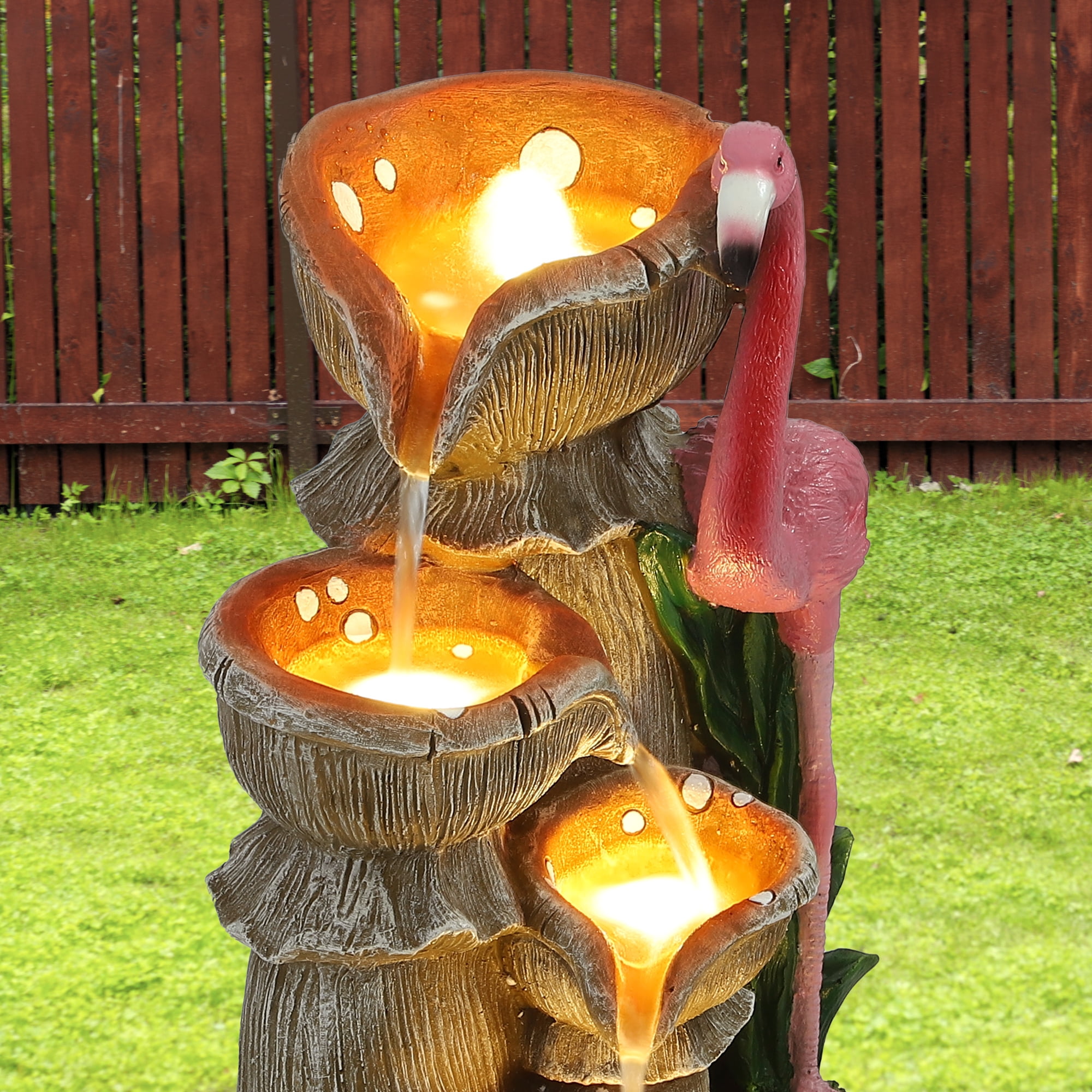 Haverchair 5 Tier Outdoor Flamingo Rock Fountain with Running Water, Bird Decorative Art with 5 LED Lights for Garden, Backyard and Porch, 24.4" H Cascading Stone Fountain