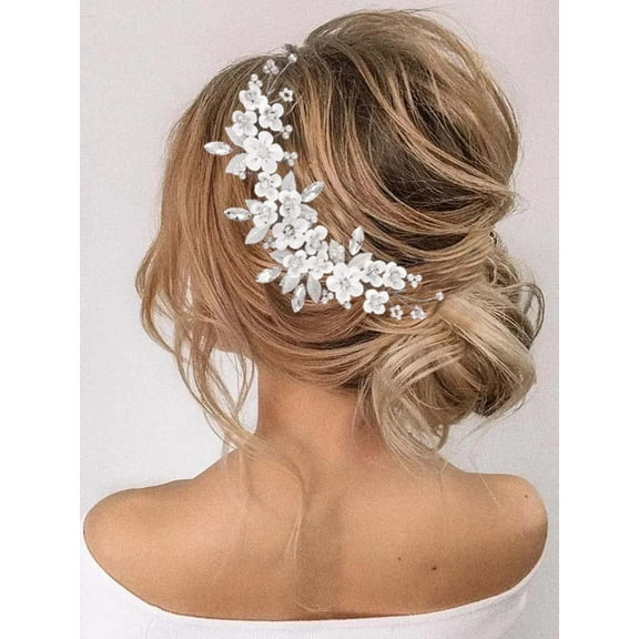 Silver Flower Bride Wedding Hair Vine Pearl Bridal Hair Piece Rhinestone Hair Accessories Leaf Headband for Women and Girls