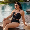 thumbnail image 2 of Agnes Orinda Women's Plus Size 2 Piece Swimsuits Polka Dots Halter Ruched Hollow High Waisted Solid Bathing Suits 1X Black, 2 of 8