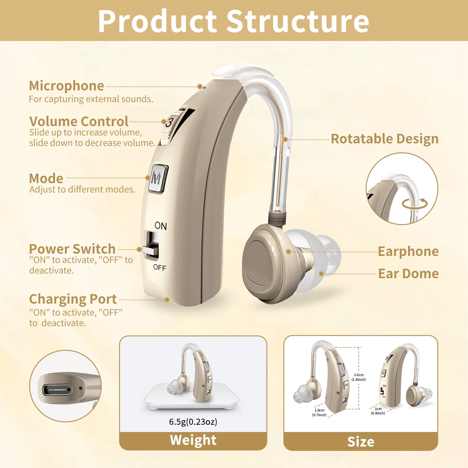 ELCTRTICI Hearing Aids for Seniors, Rechargeable Hearing Aid With Noise Cancelling and Volume Control,2 Frequency Modes,VHP-1303 Single,Gold