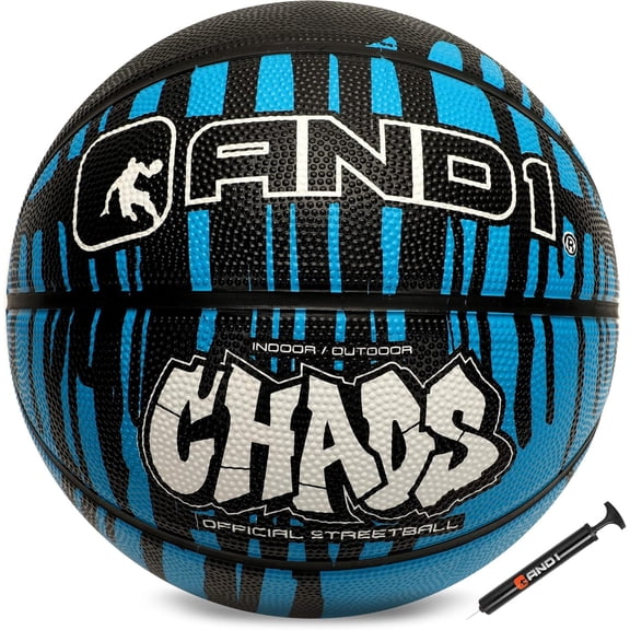 AND1 Chaos Drip Rubber Basketball, Size 7 (29.5"), Indoor/Outdoor, Deep Channel Construction, Vibrant Colors, Includes Hand Pump