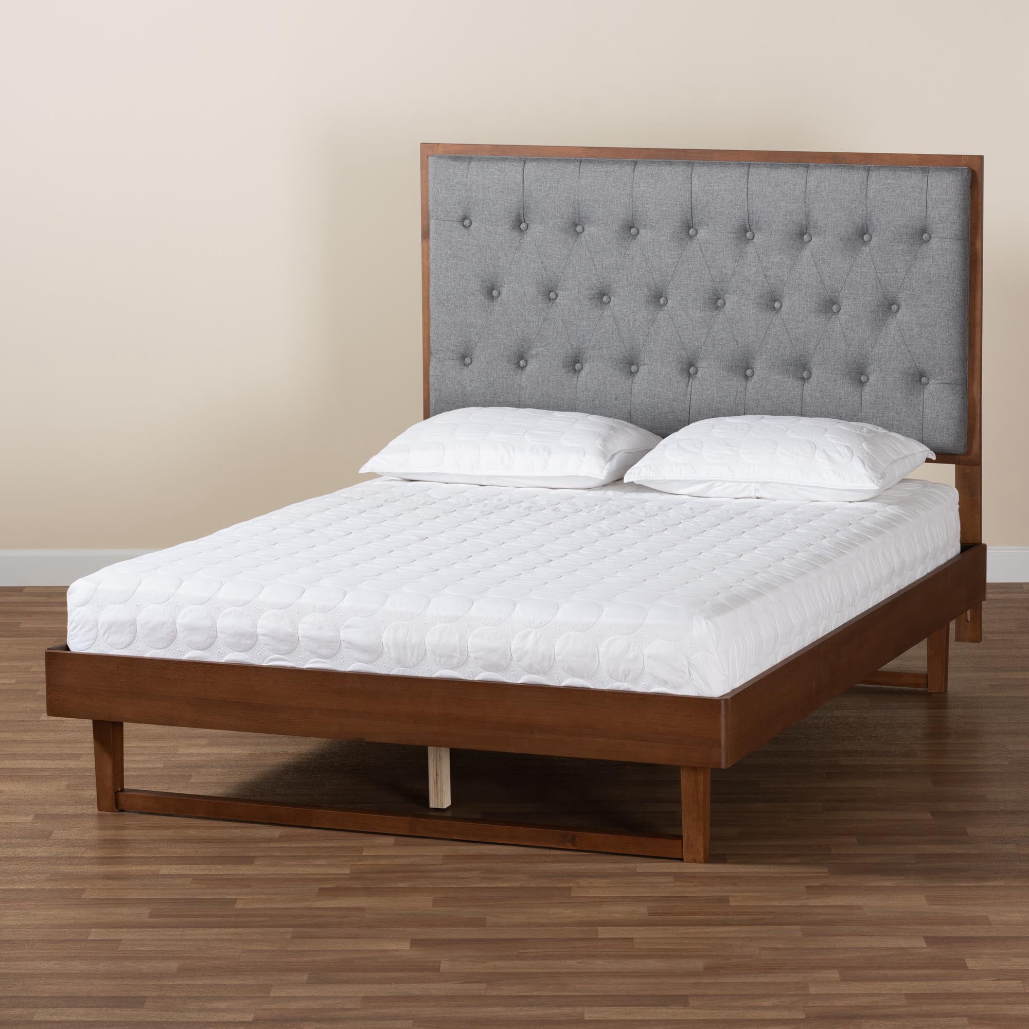 Baxton Studio Bryn Classic and Traditional Grey Fabric and Walnut Brown Finished Wood King Size Platform Bed