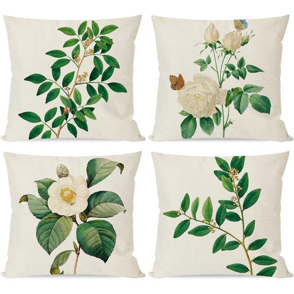 Botanical Plant Throw Pillow Covers 18x18 Inch Green Leaves Flower Floral Print Vintage Spring Summer Outdoor Farmhouse Decorative Throw Pillows Cases Set of 4 for Home Couch Sofa Decor
