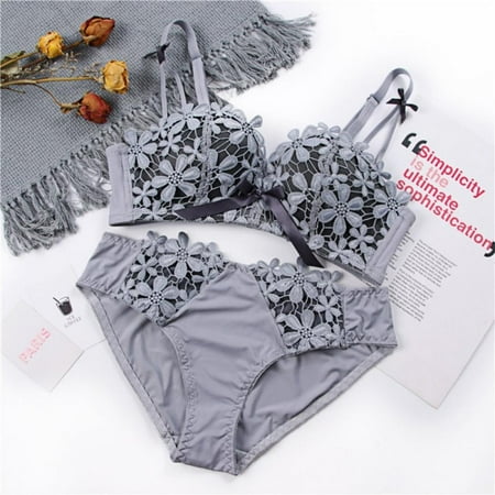 

Women Lace Oriental Cherry Bra Sets Sexy Padded Push Up Lace Bras Cotton Crotch Low Waist Lace Panties Suits Gray 38B