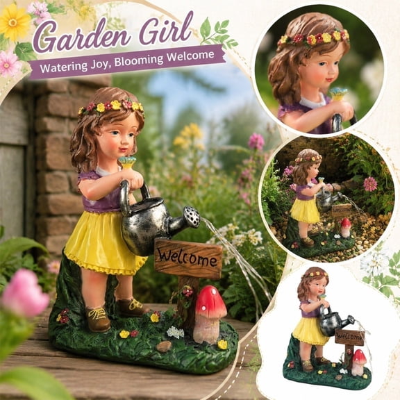 Outdoor Decor for Patio, Outdoor Patio Decor, Outdoor Welcome Sign, Fairy Decor, Rustic American Country Resin Cartoon Gardening Girl Figurine, Decorative Lawn Ornament with Warm
