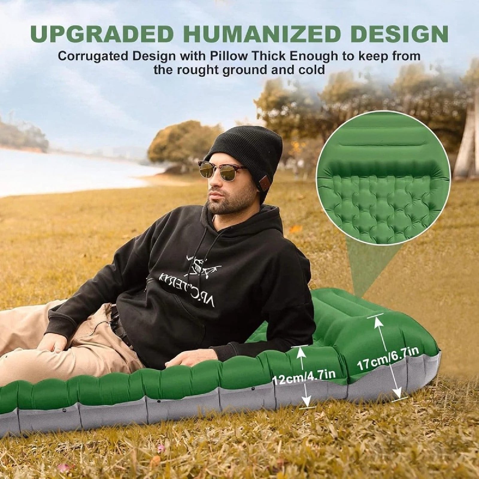 JOVELL Inflatable Sleeping Pad with Built-in Foot Pump & Pillow, 4.7" Thick Waterproof Camping Air Mattress, Self Inflating Sleep Pad for Backpacking, Hiking, Tent, Green
