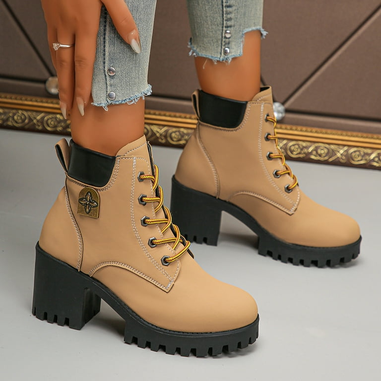 YLYL Women Boots Ankle Side Zipper Round Toe Chunky Heels Office