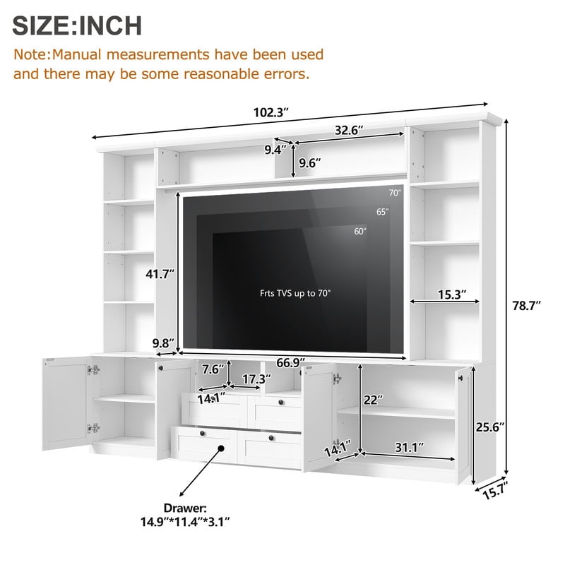 Farmhouse Entertainment Center Wall Unit with Drawers & Adjustable Shelves, TV Stand Media Console with Bridge for TVs Up to 70"