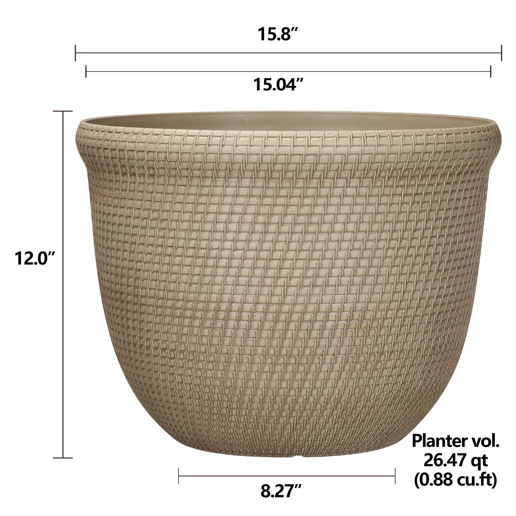 Better Homes & Gardens Tatum 100% Recycled Resin Planter, Khaki Chino, 15.8in x 15.8in x 12in