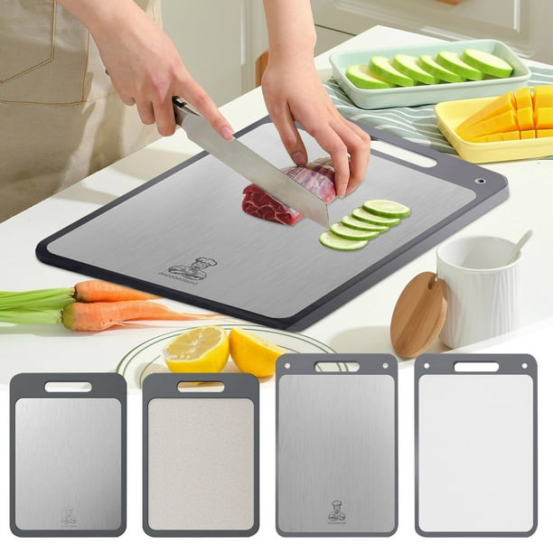 Tabla de cortar de acero inoxidable - 304 tabla de cocina de doble cara de grado alimentario con respaldo de paja, 25x35cm