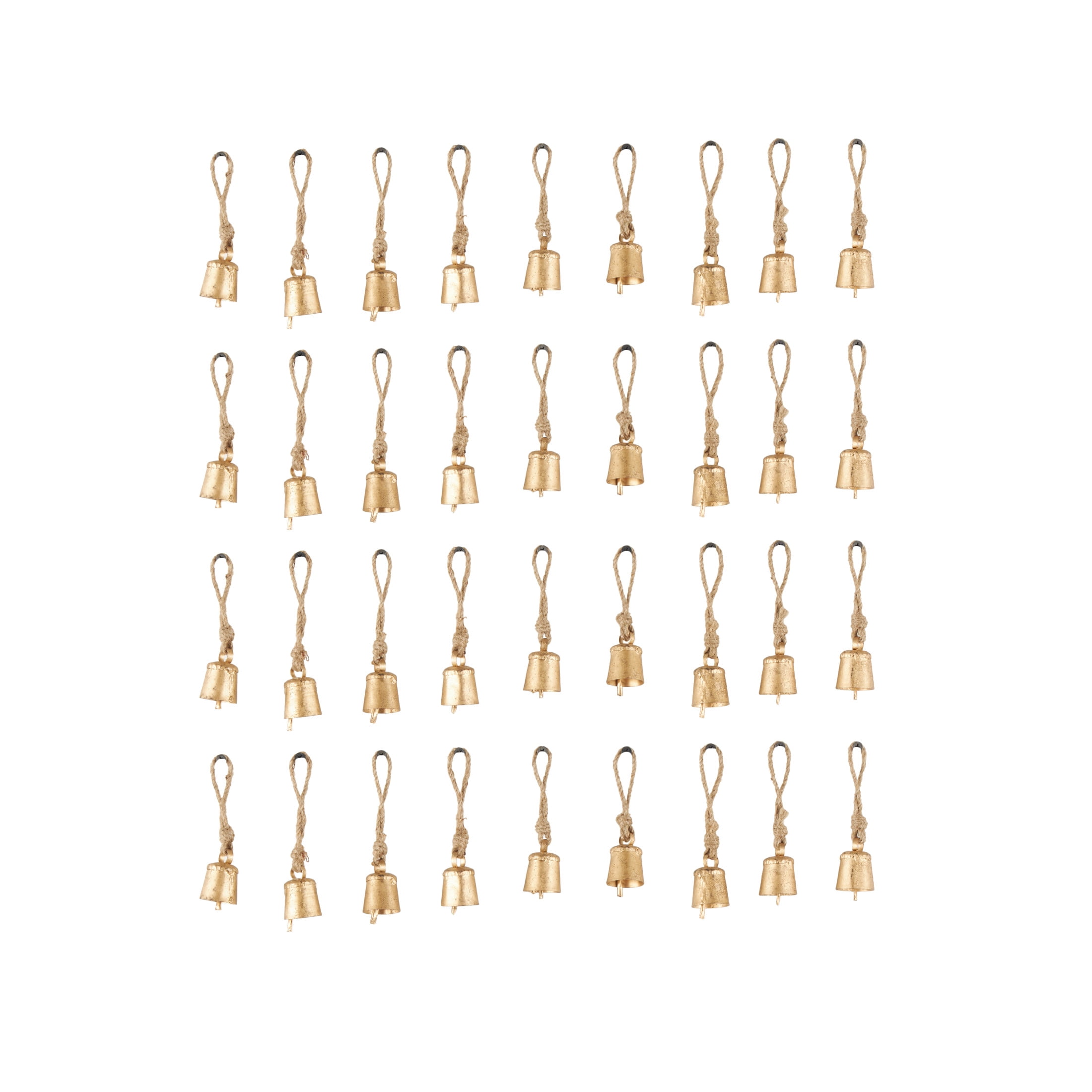 DecMode Tibetan Inspired Gold Metal Round Decorative Bells with Jute Rope and Canvas Tote, 36 Count