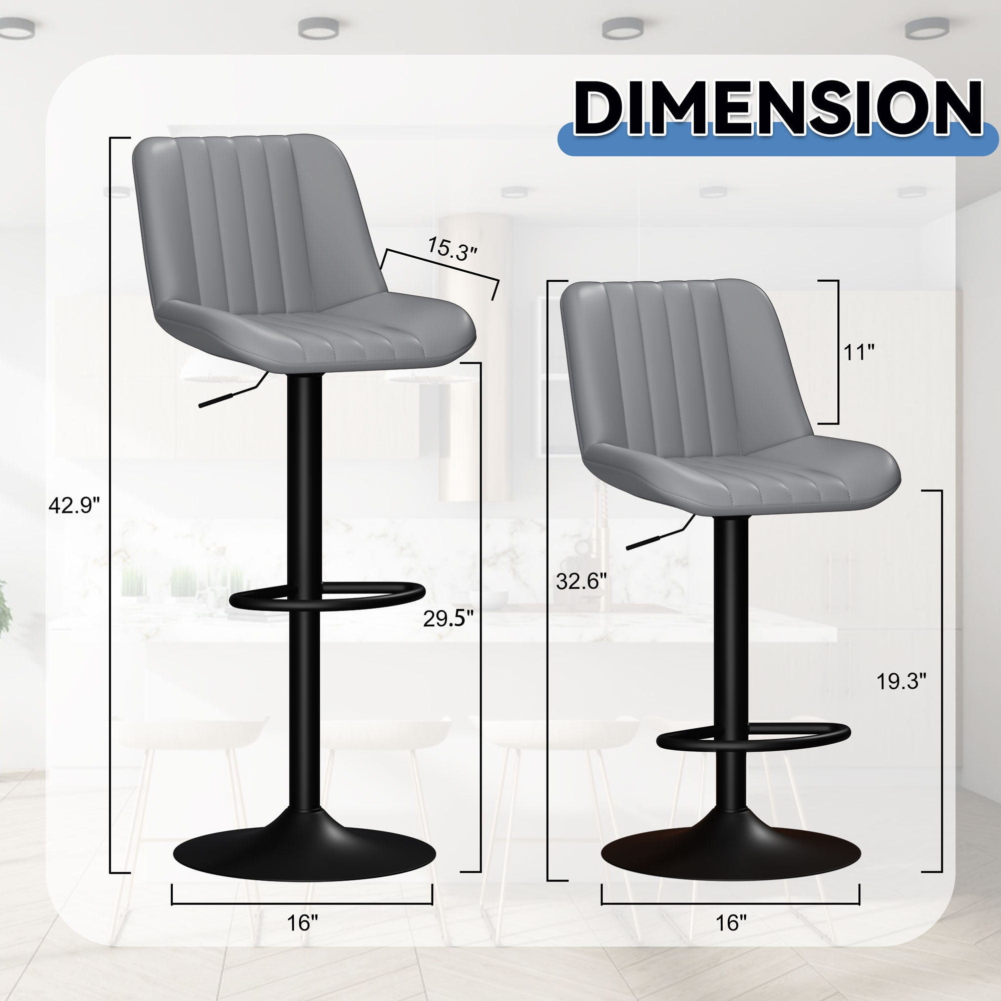 Walsunny Adjustable Bar Stools Set of 2 Leather Upholstered Swivel Counter Stools Counter Height Bar Stools with Large Base, Room Bar, Grey