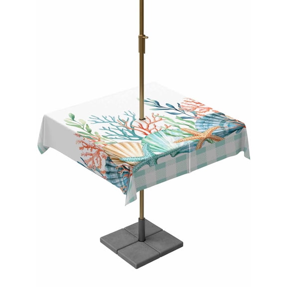 Outdoor Tablecloth with Umbrella Hole for Patio/Picnic/Party/Camping, Nautical Coastal Waterproof Table Cloth Square Cover Washable, Summer Sea Corals Shells Starfish Green Plaid (60"x 60")
