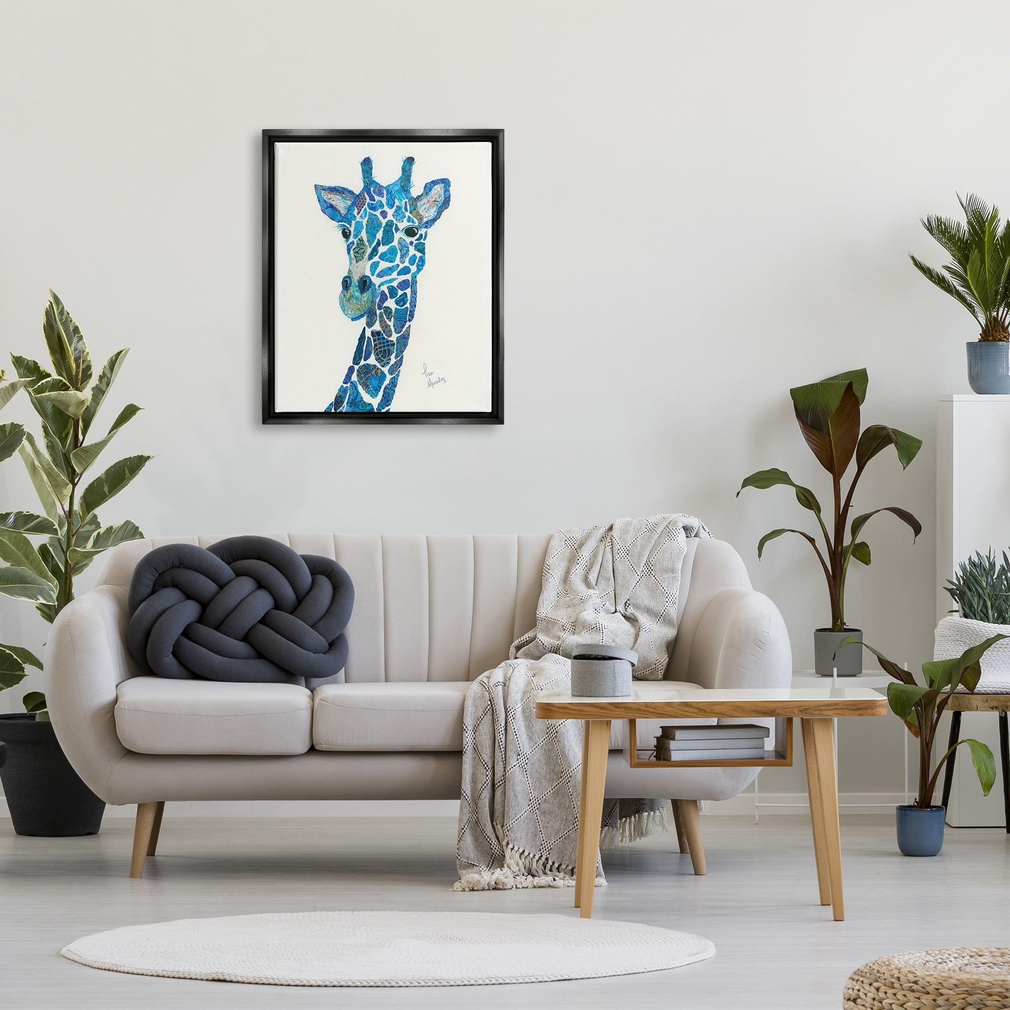 Stupell Industries Blue Giraffe Varied Collage Assortment Animal Painting Graphic Art Jet Black Floating Framed Canvas Print Wall Art, Design by Lisa Morales