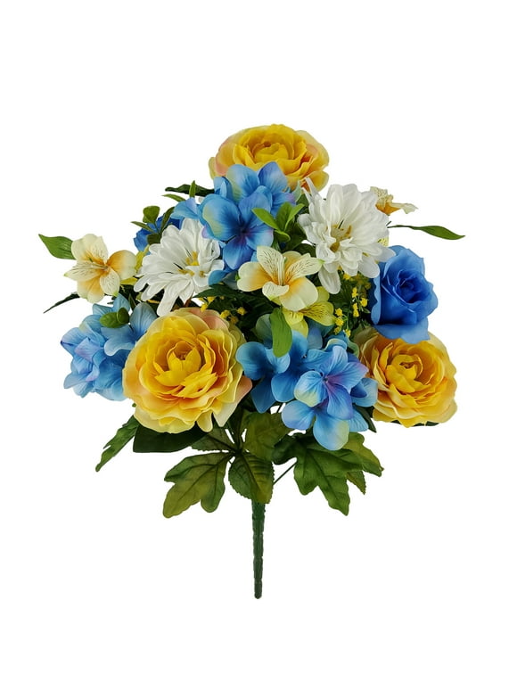 Mainstays 20.5 in Indoor Artificial Floral, Yellow Ranunculus and Blue Hydrangea.
