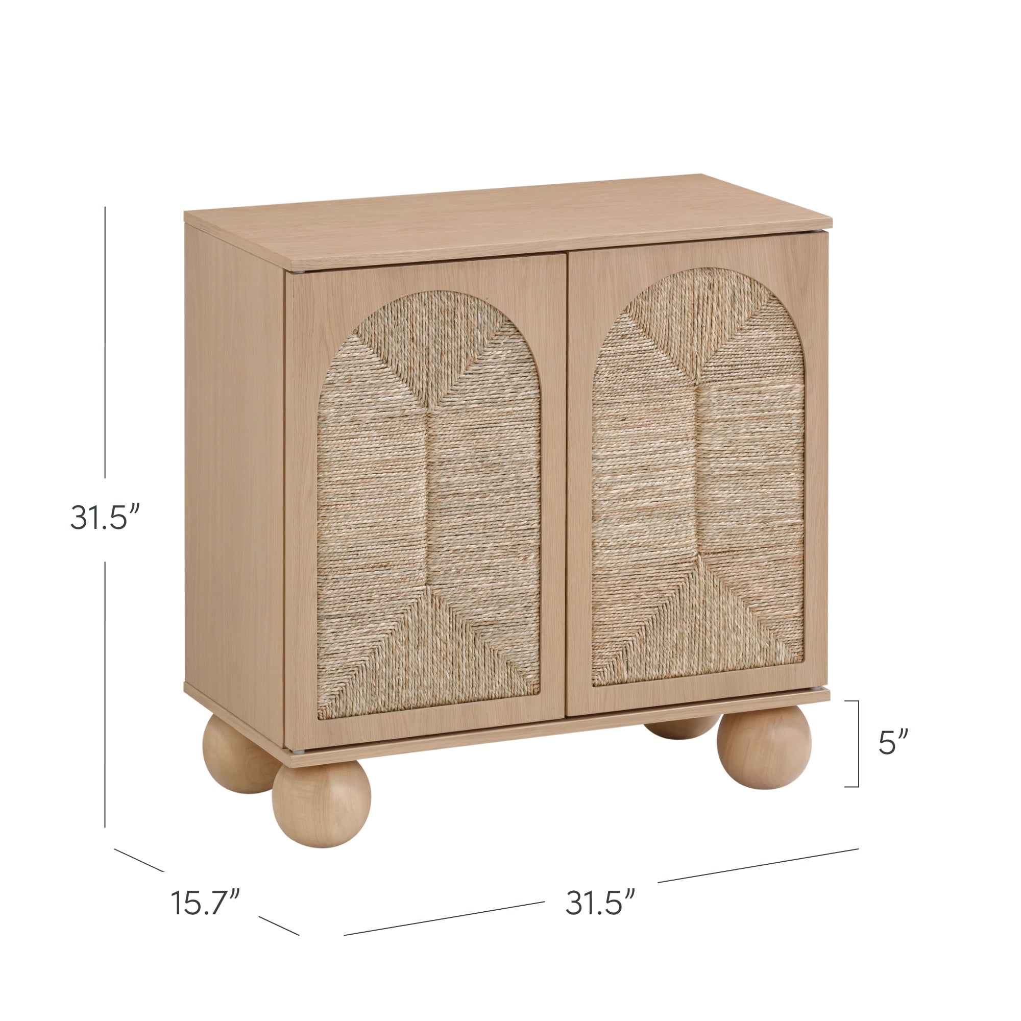 Nathan James Leah Boho Entryway Storage Cabinet or Sideboard Cabinet for Kitchen or Living Room with Ball-Style Feet, Natural Seagrass Door Fronts and Solid Wood Legs, Raw Oak