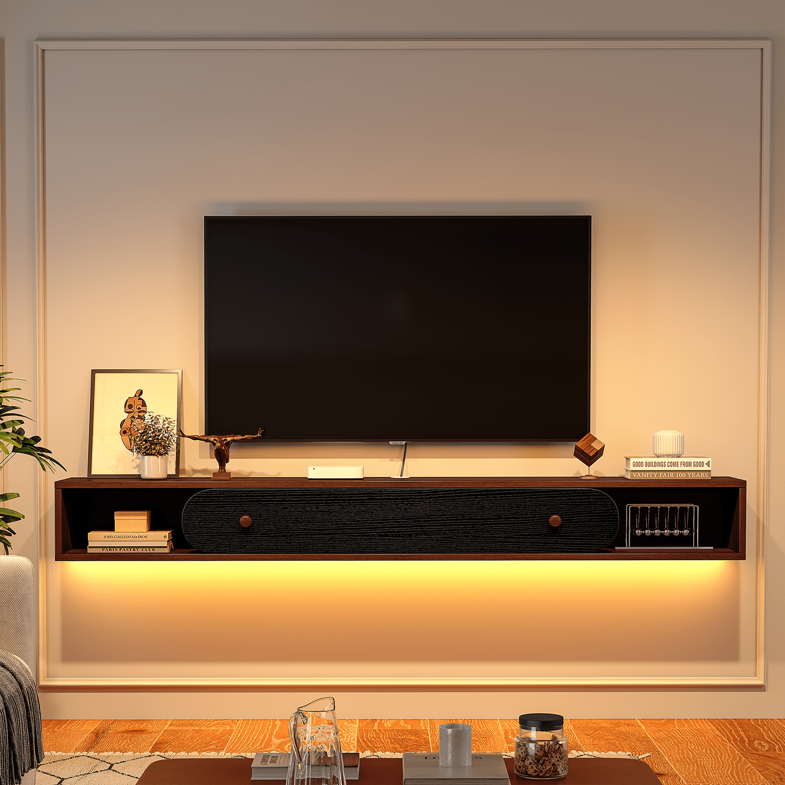 FloatiCasa 55-inch Wood Grain Floating TV Stand Wall-Mounted Floating TV Shelf for TVs up to 60" Floating TV Console Entertainment Center