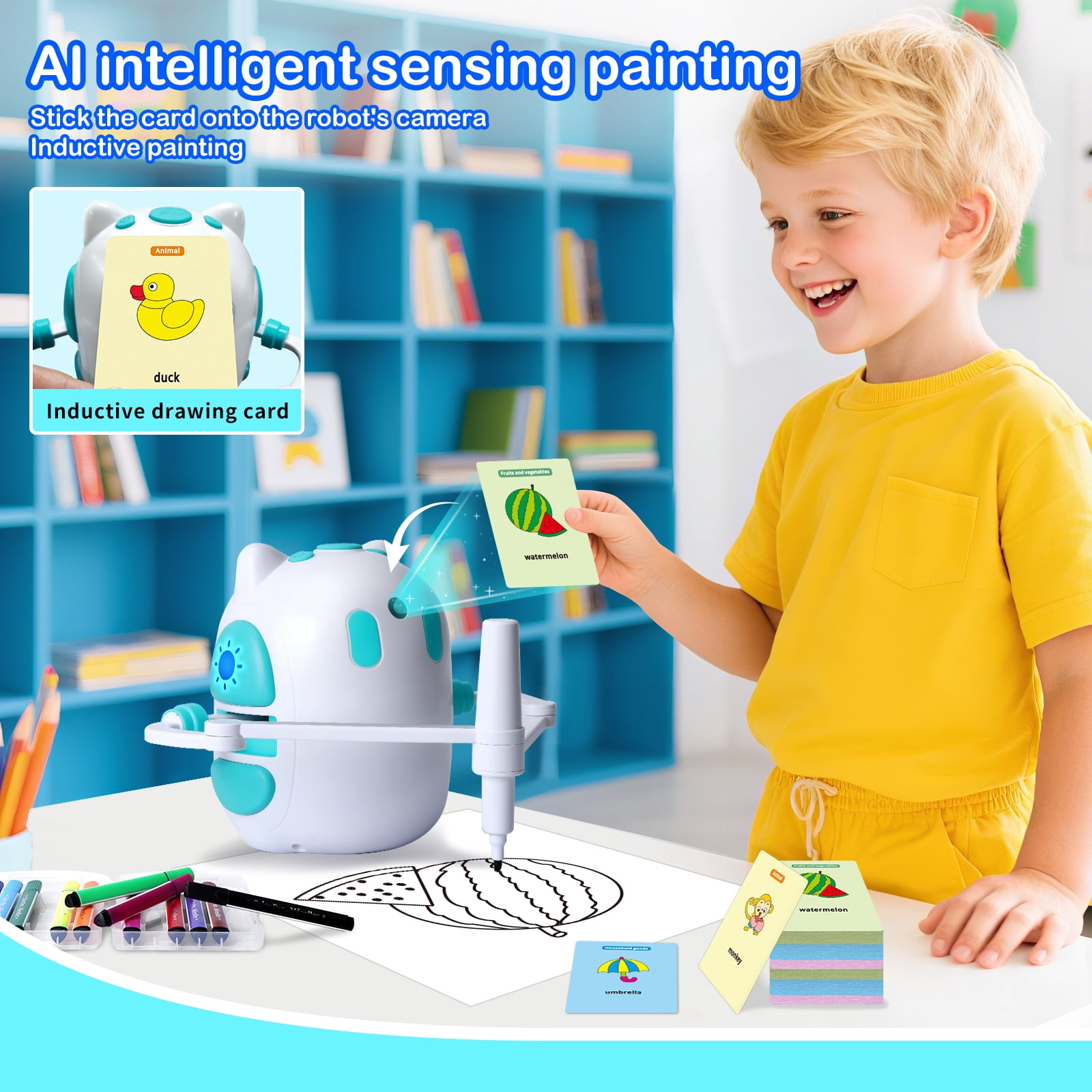 Sumsoltic Drawing Robot for Kids 150 Educational Cards Smart Drawing Robot Voice Interactive Partner Montessori Painting Toy for Boys & Girls Ages 3-8 Perfect for Birthdays Christmas and Learning Fun
