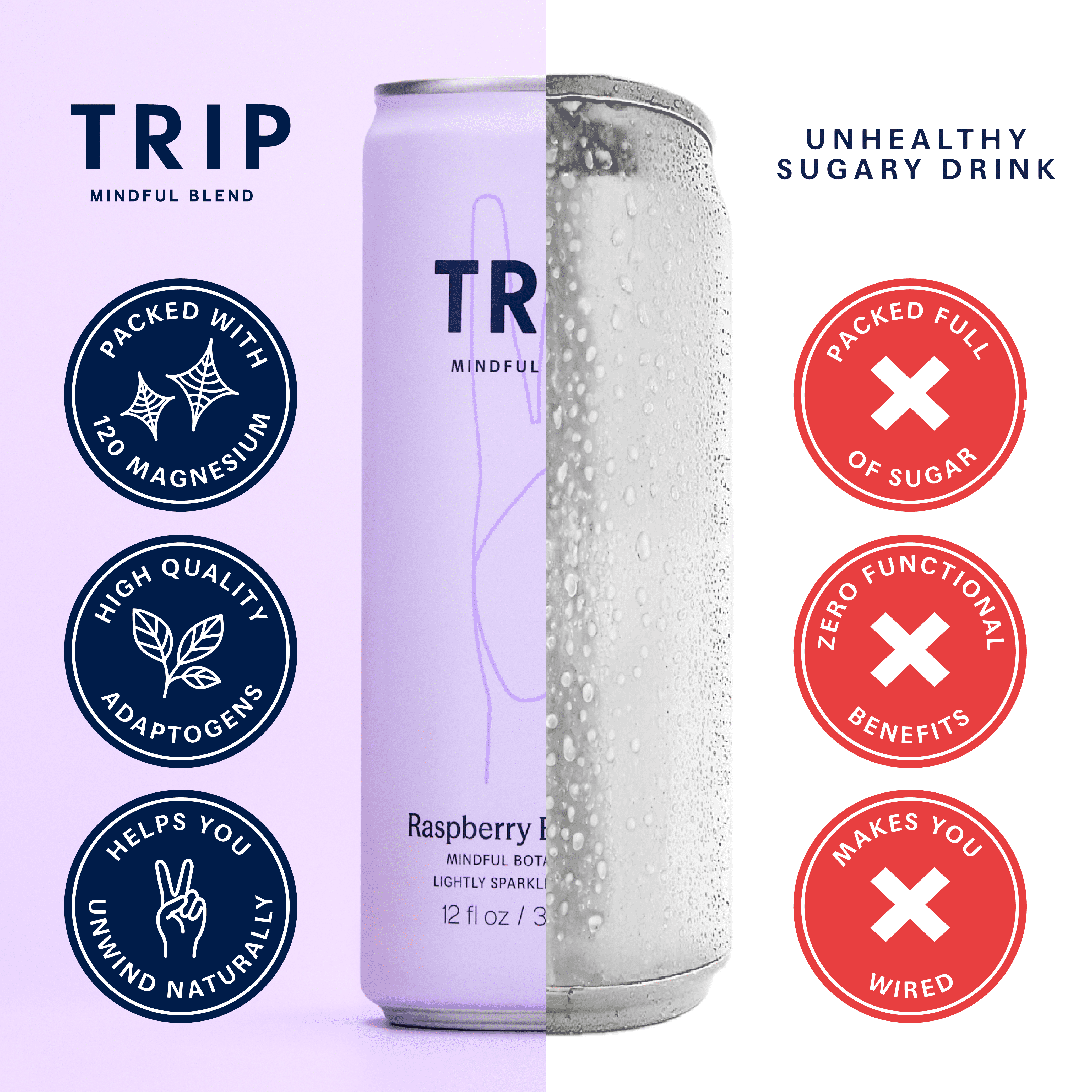 (12 pack) TRIP Lightly Sparkling Non-Alcoholic Drink with Magnesium, Ashwagandha, Lion's Mane & L-Theanine, No Added Sugar Mocktail, Vegan, Raspberry Blossom 12 fl oz