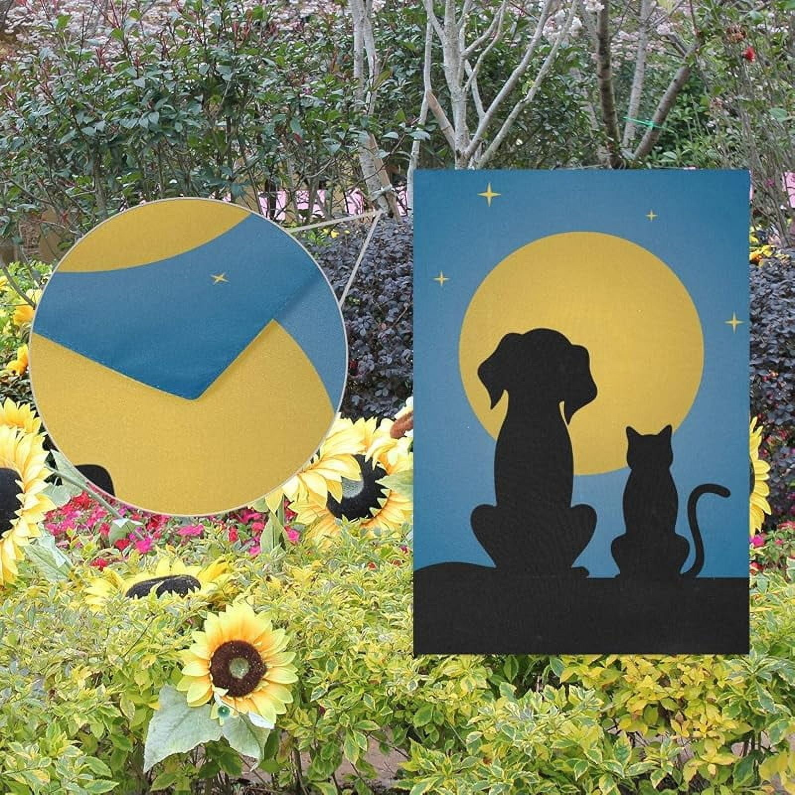 Silhouette of Dog Cat Moon Starry Night Garden Flag Small Yard Flag Double-Sided Welcome Polyester Yard Banner for Outdoor Home Decor