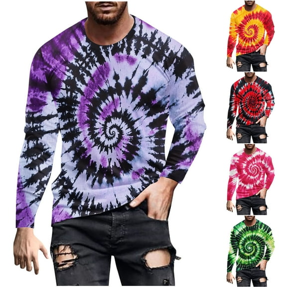UVEASISHA Tie Dye Graphic Tees for Men Big and Tall Fashion Hipster T-Shirts Long Sleeve Crewneck Pullover Stretch Slim Fit Workout Shirt Black L