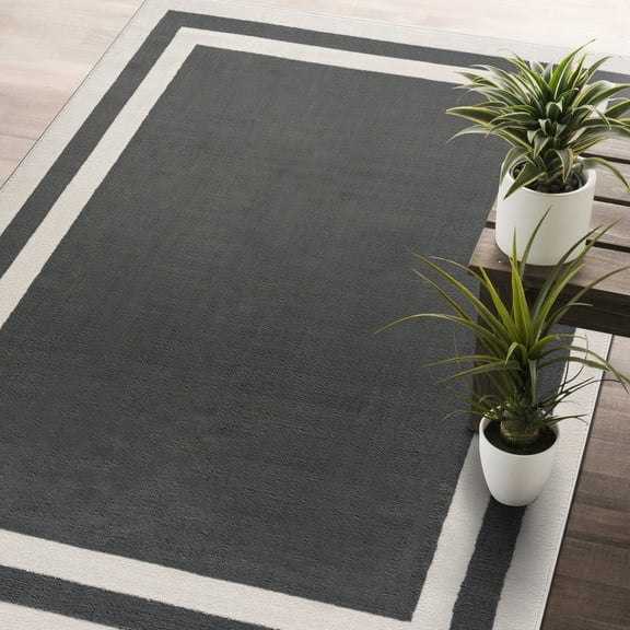 CAMILSON Crystal Dark Grey Area Rug, 3' x 5' Bordered, for Living Room, Bedroom, Dining Room Dark Grey / Cream Indoor Area Rugs