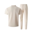 thumbnail image 5 of Men's Waffle Knit 2 Piece Tracksuit Outfit, Mandarin Collar Short Sleeve Button Down Shirt & Drawstring Straight Leg Pants Big and Tall Size S-3XL Khaki, 5 of 5