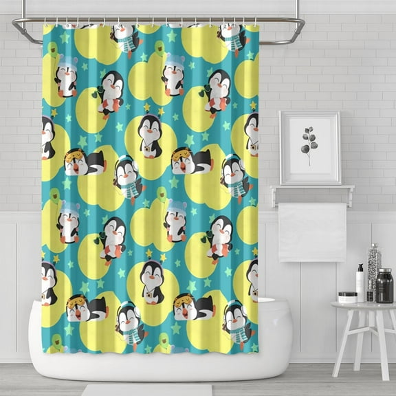 Premium Penguin Shower Curtain - Cartoon Emperor Penguin Snow Pattern Fade-Resistant Machine Washable Quick-Dry Bathroom Decor
