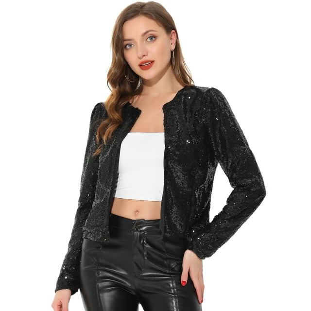Chaqueta corta con parte delantera abierta y manga larga con lentejuelas brillantes para mujer Negro S