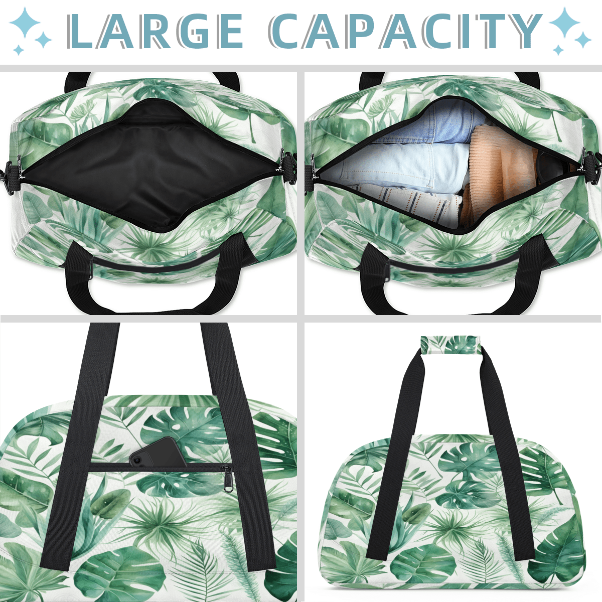 Herdesigns Green Leaves Sports Duffle Bag for Women & Men, Green Palm Monstera Leaf Gym Bag Dance Bag Overnight Bag Carry On Weekender Travel Bag