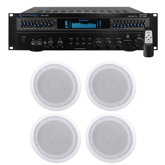 Technical Pro RX113 1500w Home Theater Amplifier Receiver 4) 8" Ceiling Speakers