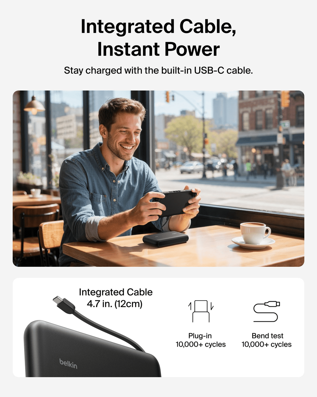 Belkin Gaming Portable Charger, Power Bank 30W w/ Integrated USB C Cable 20,000mAh - Fast Charging USB C PD, Portable Charger for Nintendo Switch 2, iPhone 16, iPad Pro, Galaxy S25, & More - Black