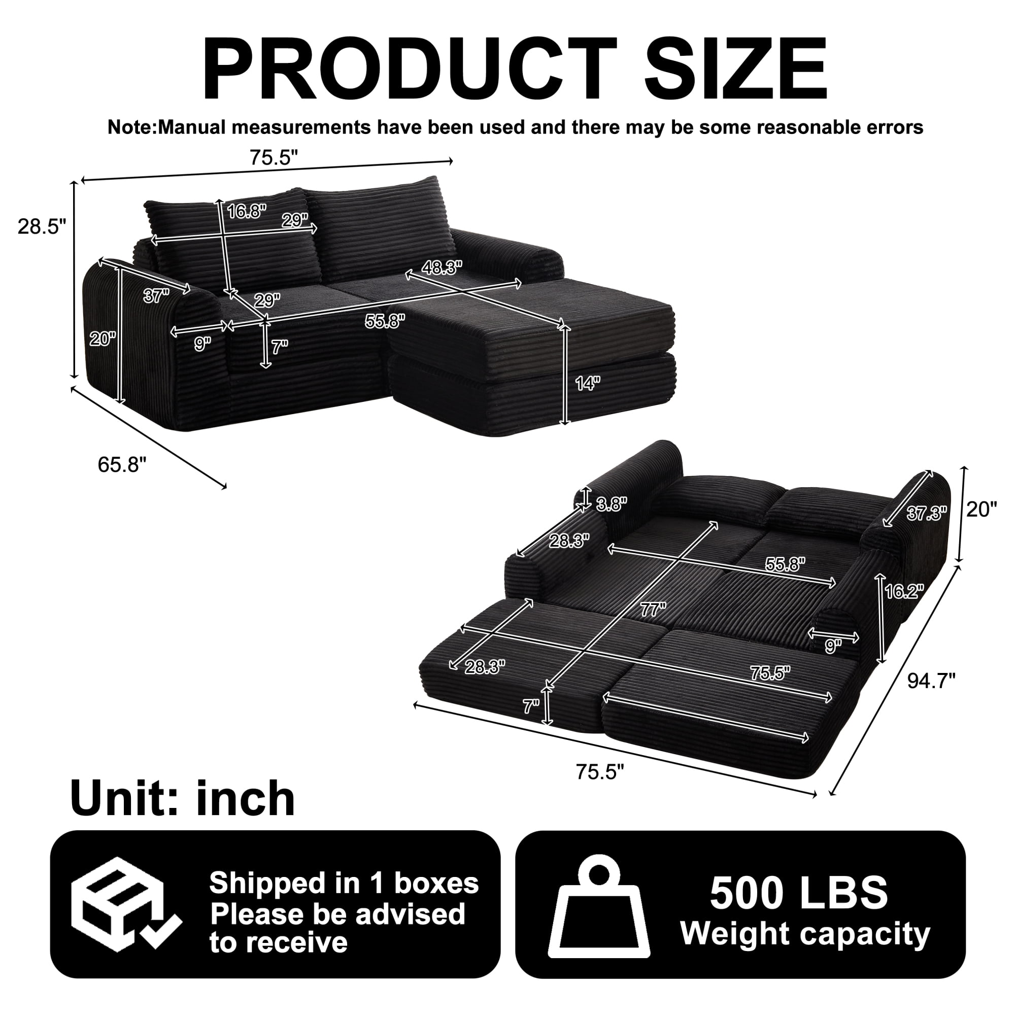 2-in-1 Corduroy Convertible Sleeper Sofa Bed with with Two Throw Pillows & Curved Lines for Living Room,Easy Assembly,Black