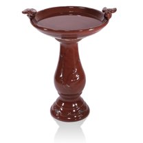 Alpine Corporation 25" Tall Outdoor Ceramic Antique Pedestal Birdbath with 2 Bird Figurines, Red