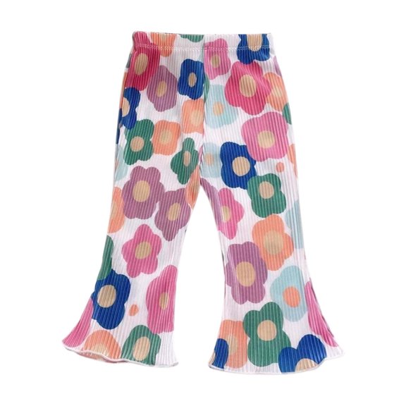 LRen Girls Bell Bottom Jeans With Adjustable Waist,Girls Summer Floral Bottom Pants Ice Silk Lightweight Toddler Clothing