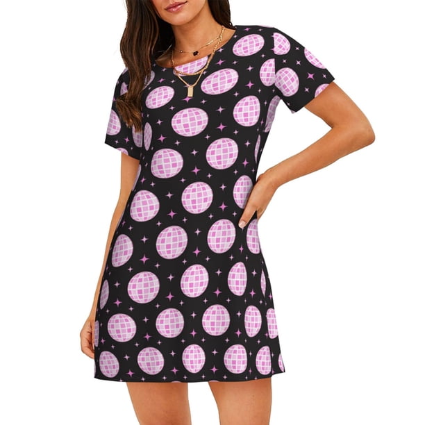 Balery Pink Groovy Disco Ball Camisón de manga corta con cuello redondo para mujer, cómodo y elegante.